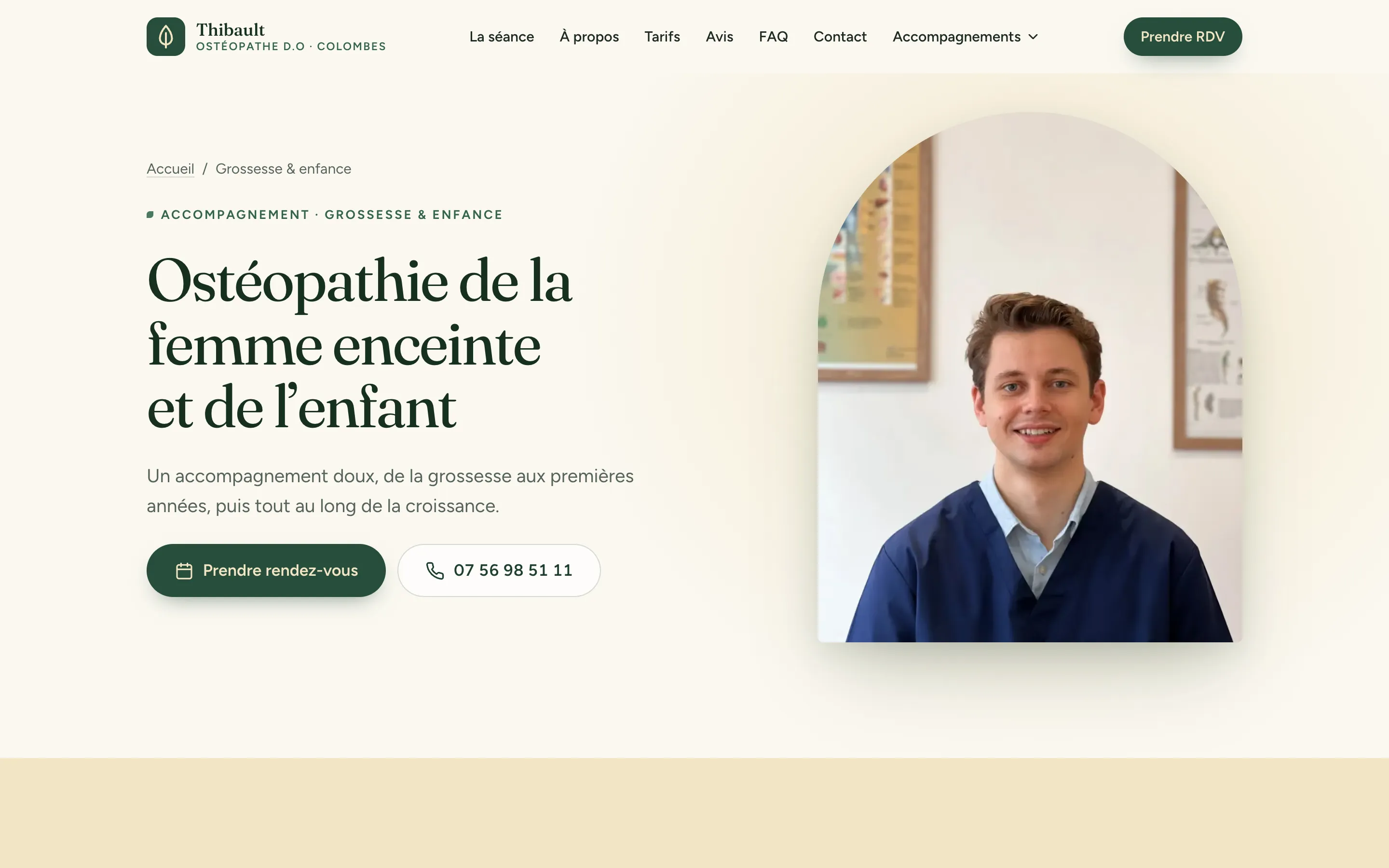 Après : titre « Ostéopathie de la femme enceinte et de l’enfant », avec le portrait de Thibault