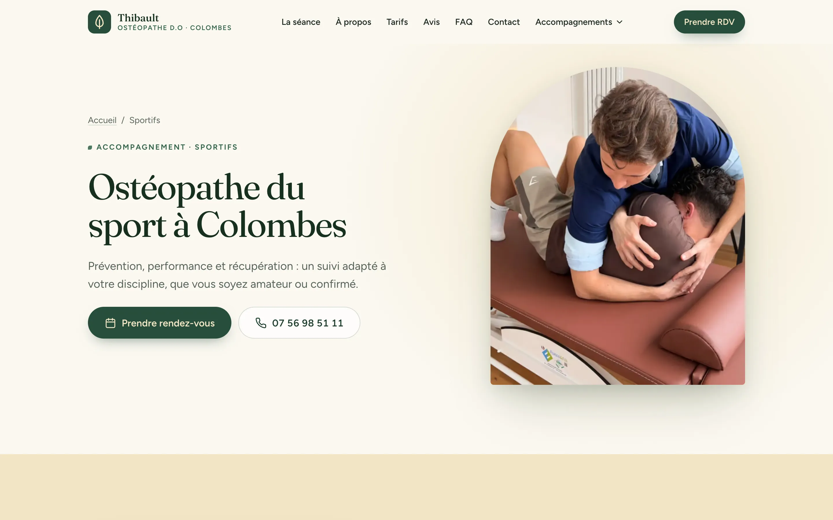 Après : titre « Ostéopathe du sport à Colombes », une photo de séance et le bouton de rendez-vous